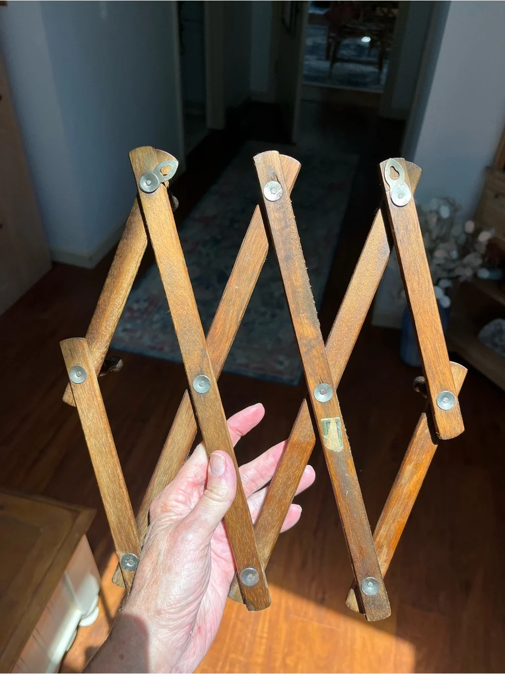 Vintage Wooden Accordion Adjustable 10 Peg Rack Wall Decor in Brown